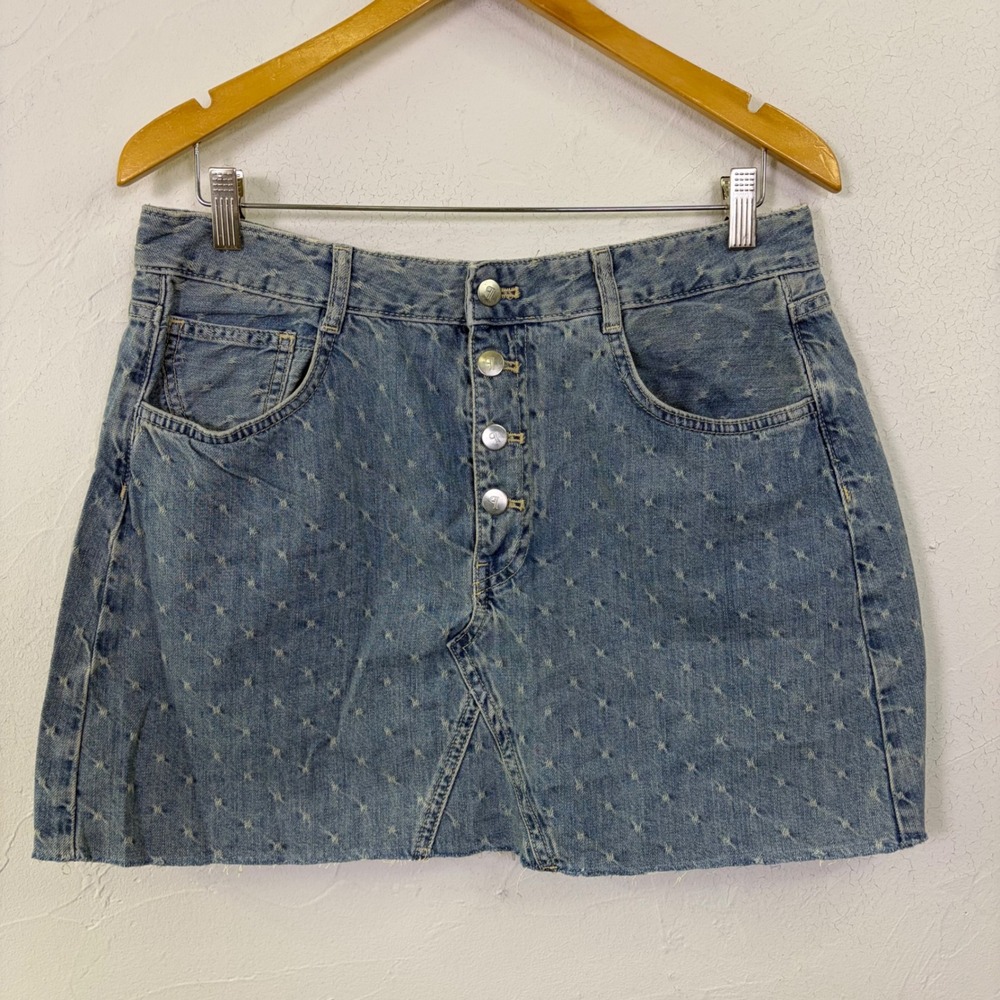Pilcro Denim Mini Skirt Womens 14 Blue Star Distressed Button Fly Boho Festival